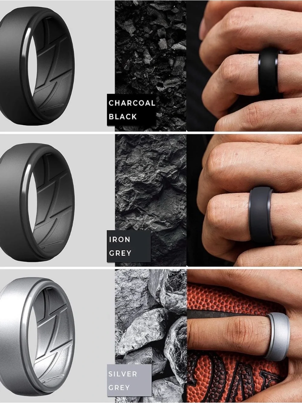 Thunderfit * Silicone Set of 7 Mens Rings Gray Black Silver Size 10 Work Safety